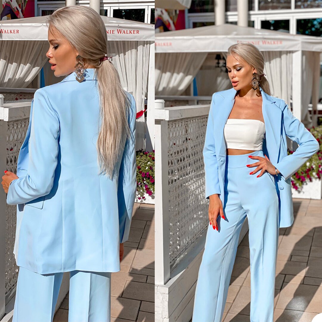 Trajes de novia azul cielo para mujer, esmoquin para fiesta de graduación, blazer, traje informal (chaqueta + pantalón) 