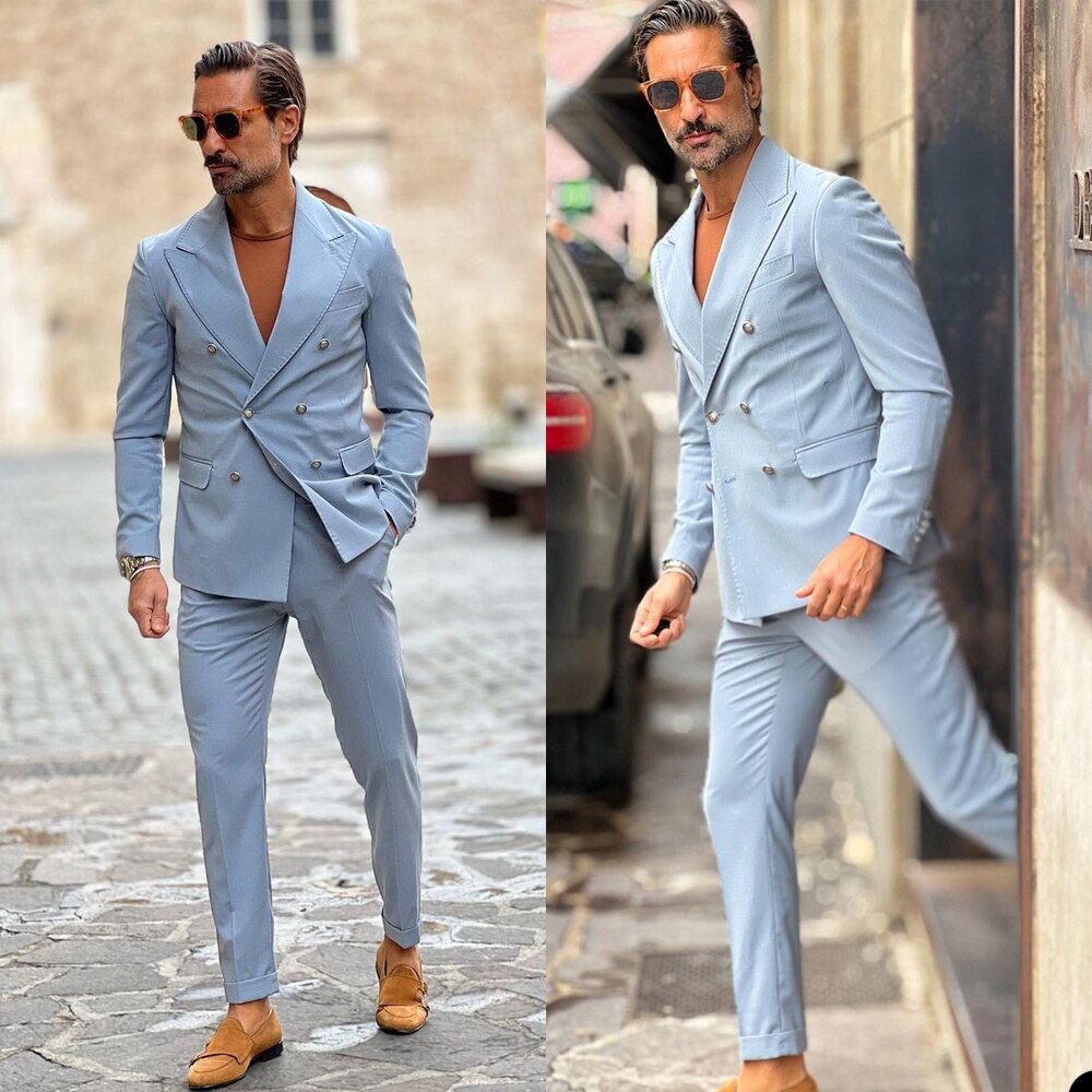 Sky Blue Classic men Suit Double Breasted Tailor-Made Two-Pieces Jacket Pants Designer Formal Occasion Costume Made