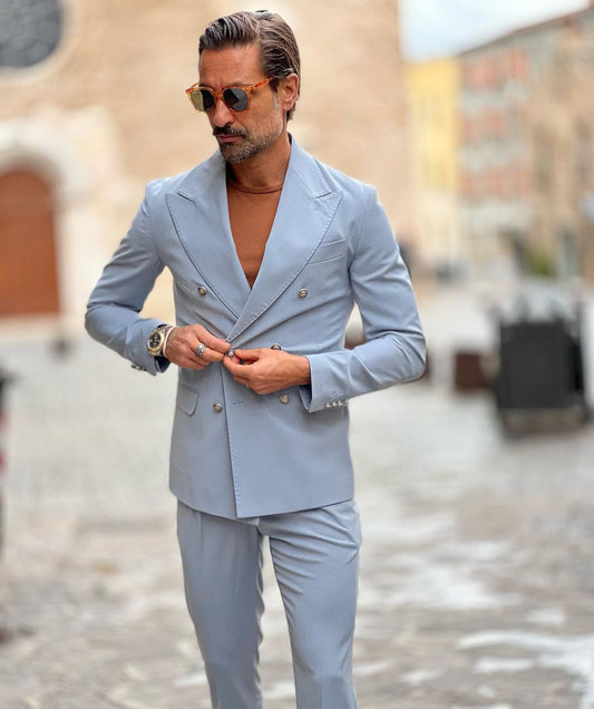 Sky Blue Classic men Suit Double Breasted Tailor-Made Two-Pieces Jacket Pants Designer Formal Occasion Costume Made