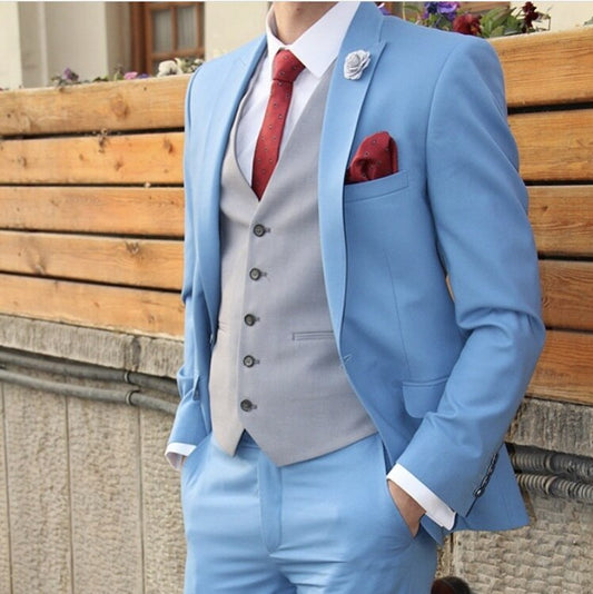 Ensemble 3 pièces veste bleu ciel, pantalon, gilet gris, smoking, blazer 