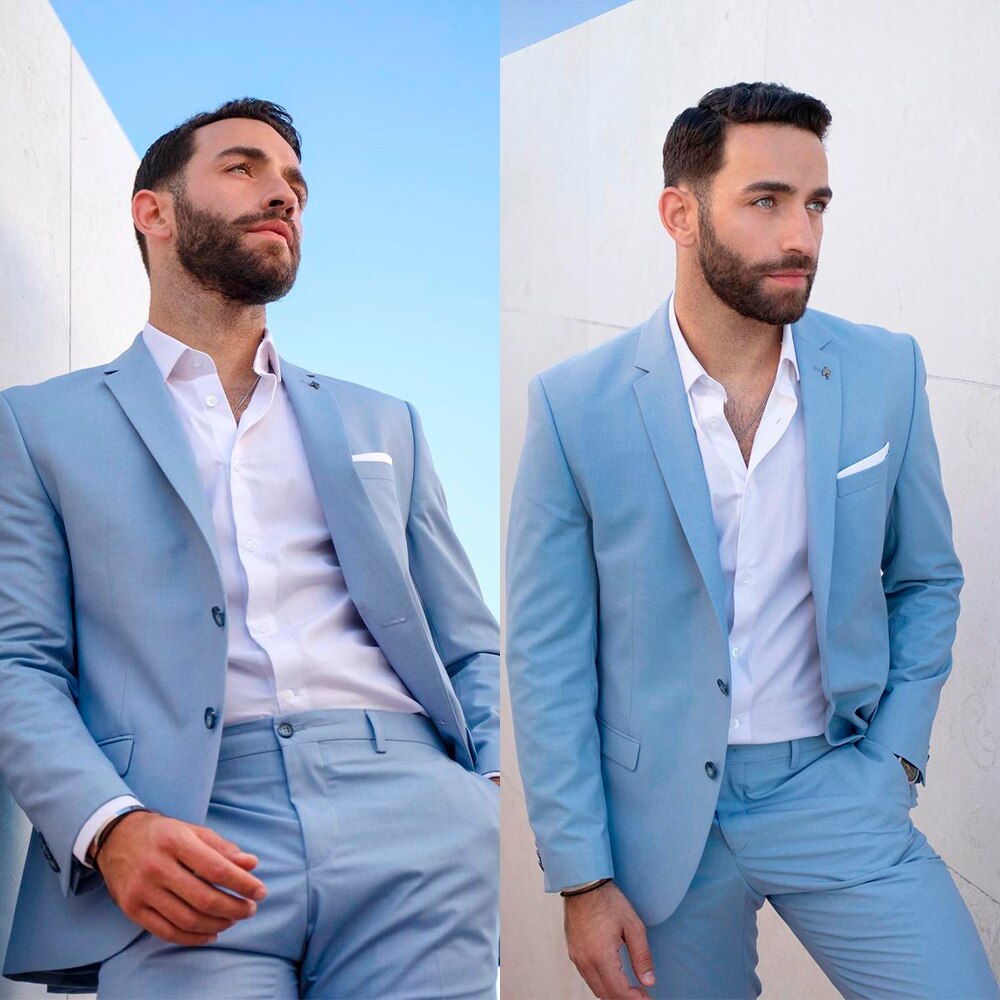 Traje de hombre azul cielo de un solo pecho fino a medida de dos piezas chaqueta pantalones diseñador novio ocasión formal traje hecho a medida 