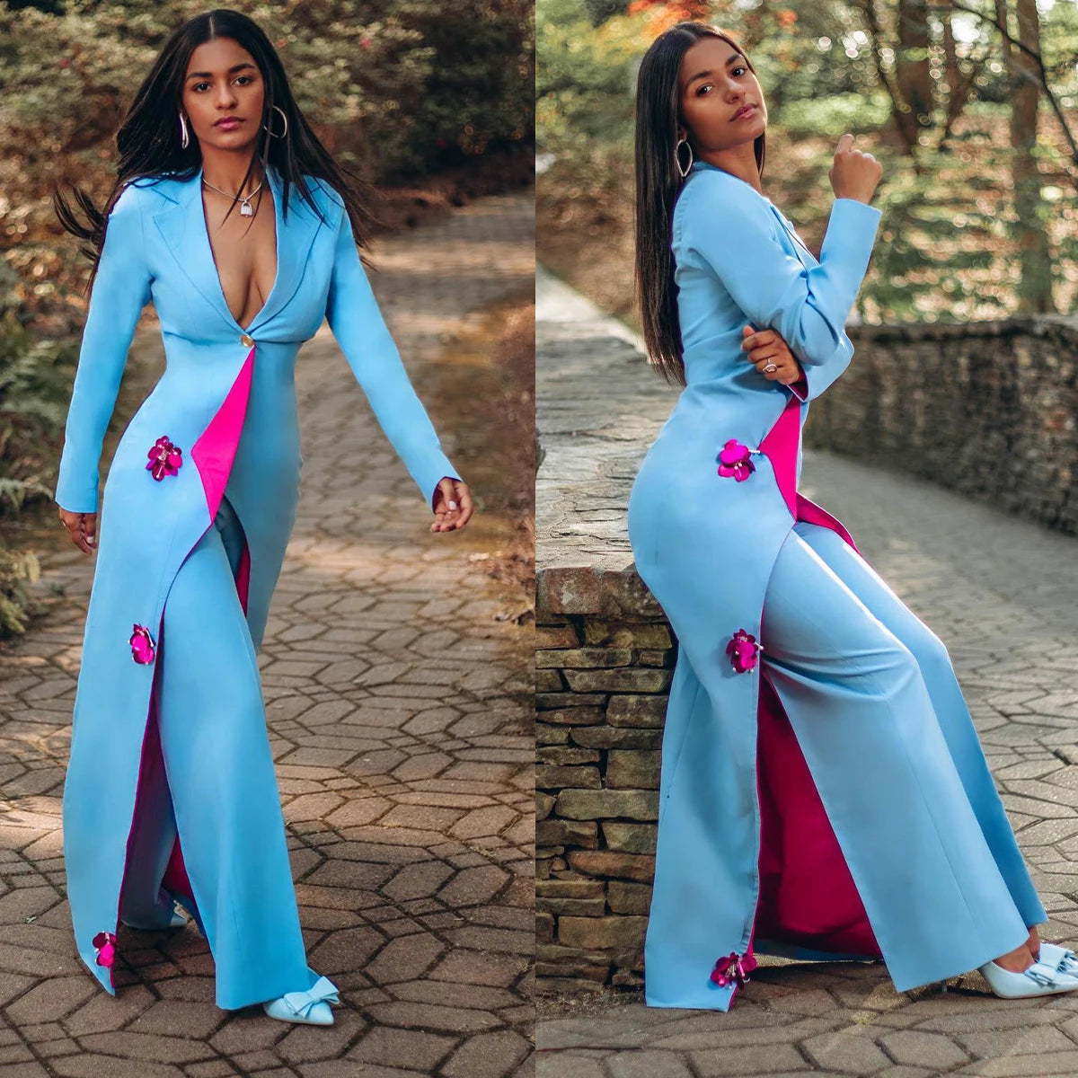 Trajes de pantalón azul cielo para mujer, corte entallado, flores 3D, ropa de calle femenina para oficina, conjuntos de dos piezas de chaqueta larga 