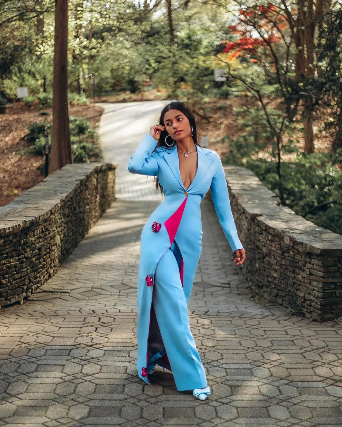 Trajes de pantalón azul cielo para mujer, corte entallado, flores 3D, ropa de calle femenina para oficina, conjuntos de dos piezas de chaqueta larga 