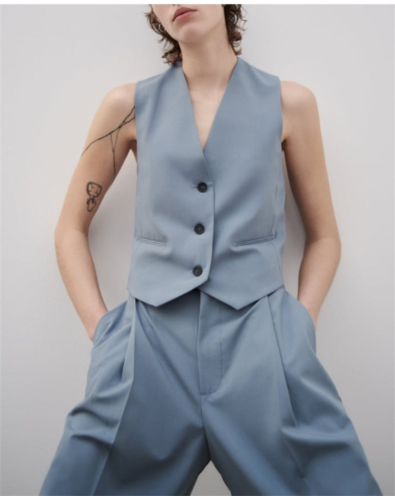 Conjunto de 2 piezas de trajes sin mangas para mujer, camiseta sin mangas + pantalón recto de pierna ancha, traje formal de oficina de algodón azul y gris, ropa informal 