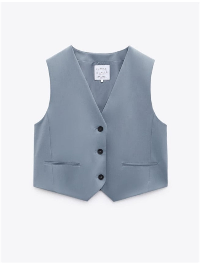 Conjunto de 2 piezas de trajes sin mangas para mujer, camiseta sin mangas + pantalón recto de pierna ancha, traje formal de oficina de algodón azul y gris, ropa informal 