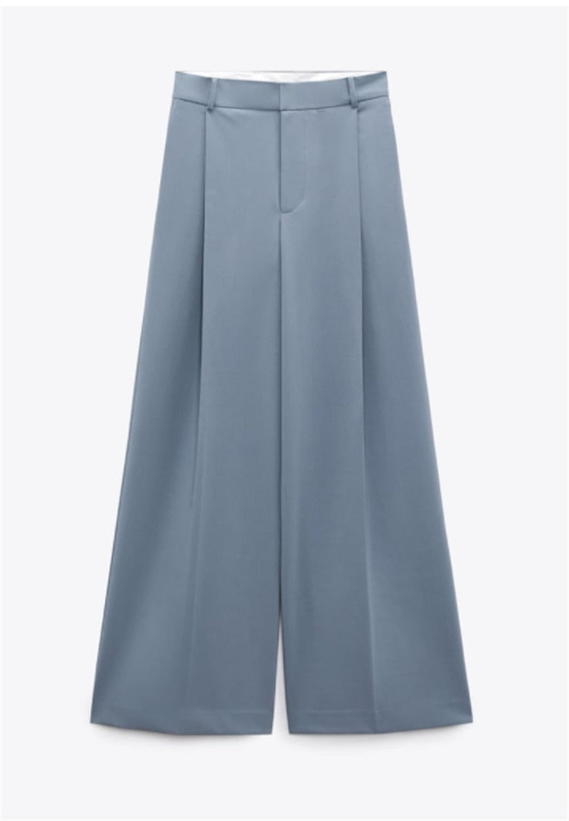 Conjunto de 2 piezas de trajes sin mangas para mujer, camiseta sin mangas + pantalón recto de pierna ancha, traje formal de oficina de algodón azul y gris, ropa informal 