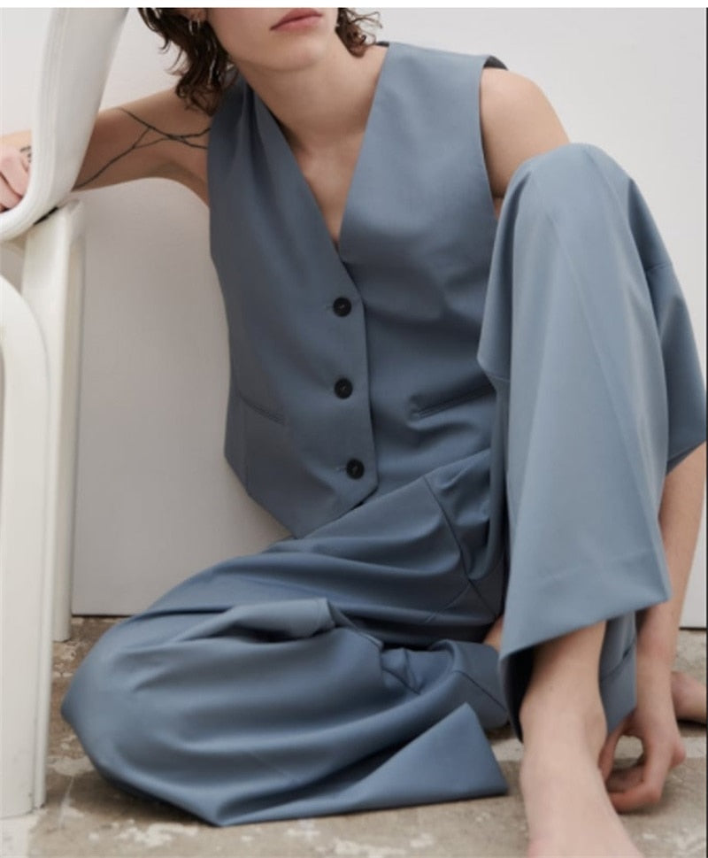 Conjunto de 2 piezas de trajes sin mangas para mujer, camiseta sin mangas + pantalón recto de pierna ancha, traje formal de oficina de algodón azul y gris, ropa informal 
