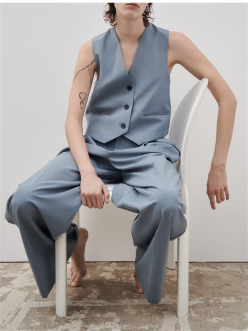 Conjunto de 2 piezas de trajes sin mangas para mujer, camiseta sin mangas + pantalón recto de pierna ancha, traje formal de oficina de algodón azul y gris, ropa informal 