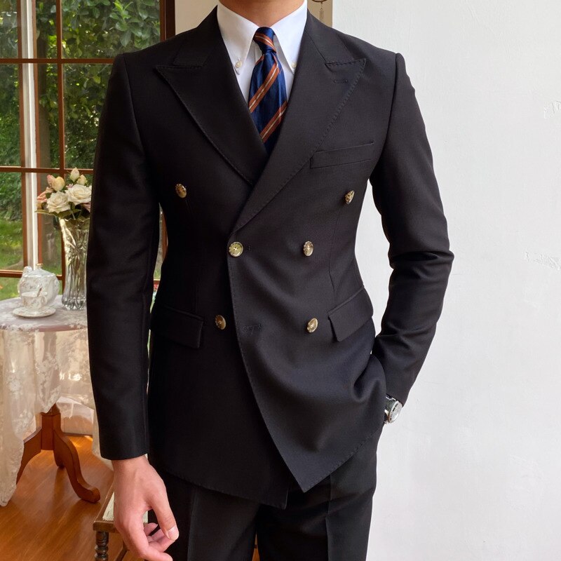 Esmoquin de negocios entallado de estilo británico, cruzado, para hombre, traje formal negro para fumar, traje de novio 