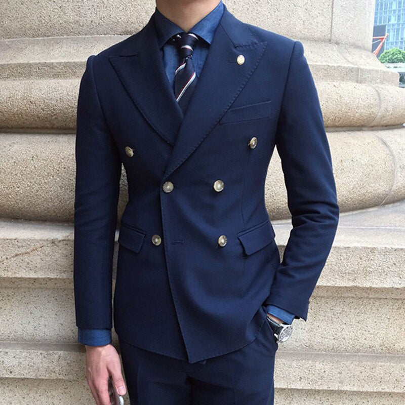 Esmoquin de negocios entallado de estilo británico, cruzado, para hombre, traje formal negro para fumar, traje de novio 