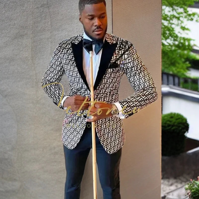 Men's Patterned Suit Jacket with Black Shawl Lapel and Black Trousers