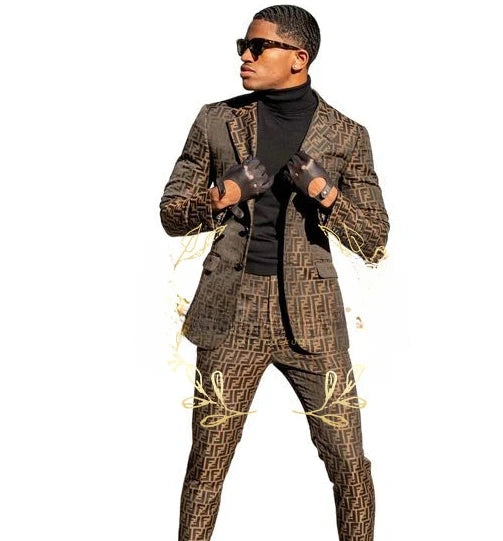 Men's Patterned Suit Jacket with Black Shawl Lapel and Black Trousers