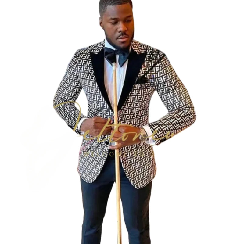Men's Patterned Suit Jacket with Black Shawl Lapel and Black Trousers