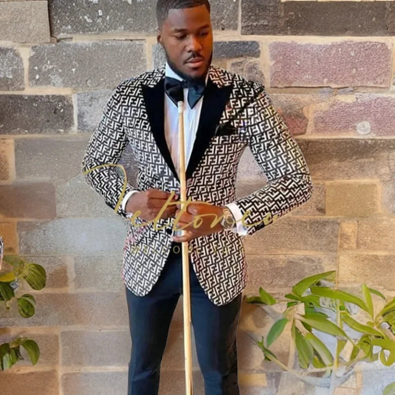 Men's Patterned Suit Jacket with Black Shawl Lapel and Black Trousers