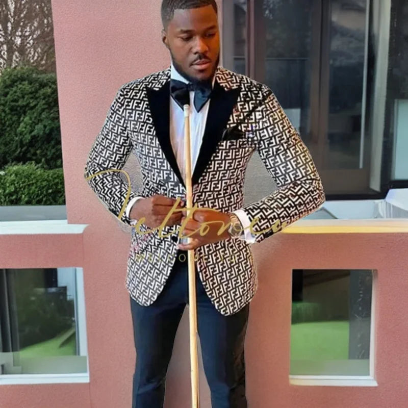 Men's Patterned Suit Jacket with Black Shawl Lapel and Black Trousers