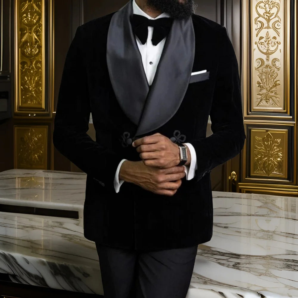 Veste de smoking en velours noir pour homme avec revers châle en satin et nœud papillon
