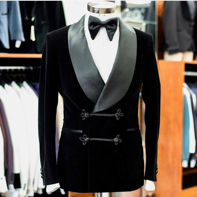 Chaqueta de esmoquin de terciopelo negro para hombre con solapa chal de satén y pajarita