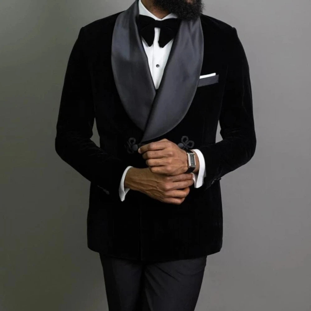 Veste de smoking en velours noir pour homme avec revers châle en satin et nœud papillon
