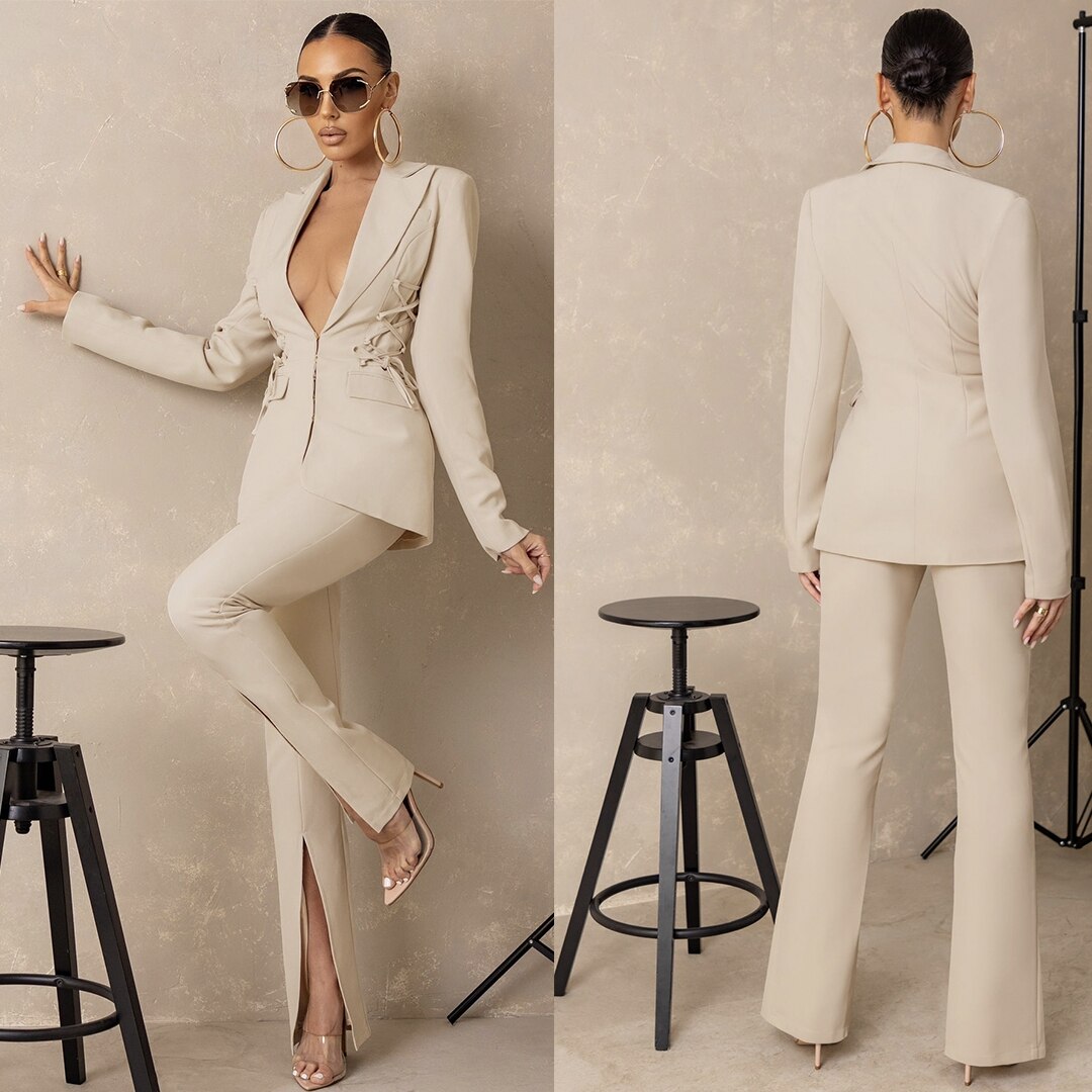 Trajes de pantalón ajustados para madre de la novia, color caramelo, para mujer, para fiesta de noche, blazer, pantalones acampanados, 2 piezas 