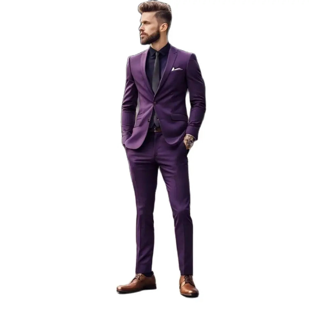 Traje morado de corte entallado para hombre, blazer a medida, solapa de pico, botonadura sencilla, ajustado, conjunto de 2 piezas de chaqueta y pantalón de alta calidad.