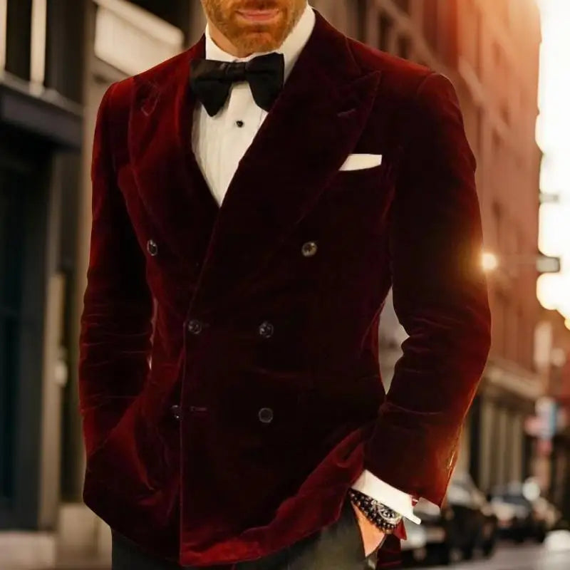 Veste de costume de mariage slim fit pour homme, 1 pièce, en velours, à double boutonnage, bordeaux 
