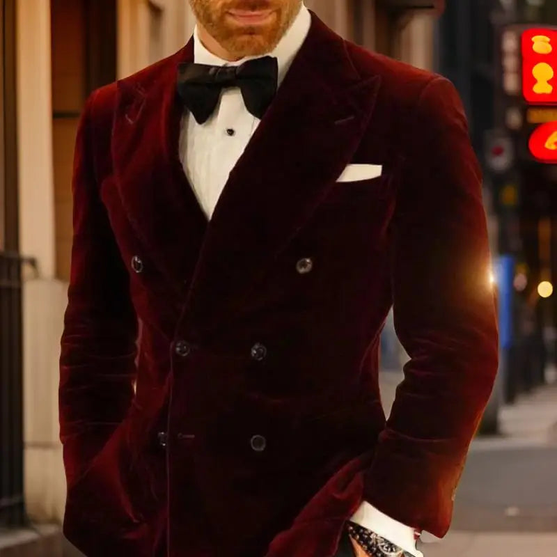 Veste de costume de mariage slim fit pour homme, 1 pièce, en velours, à double boutonnage, bordeaux 