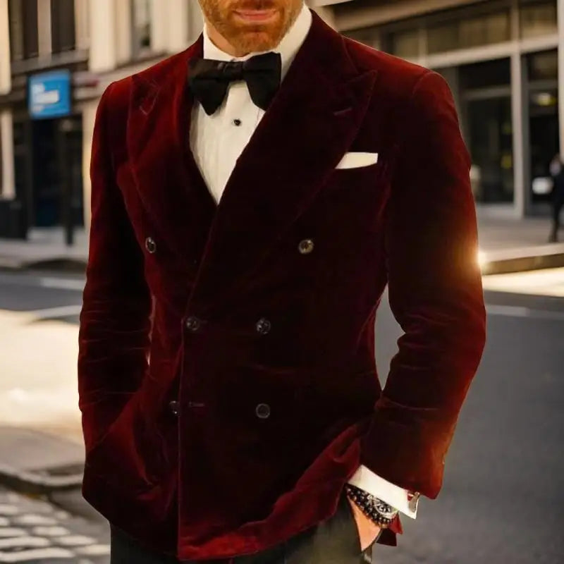 Veste de costume de mariage slim fit pour homme, 1 pièce, en velours, à double boutonnage, bordeaux 