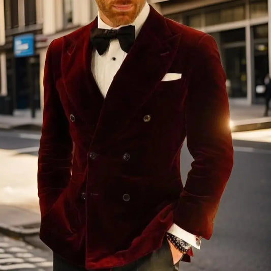 Slim Fit Wedding Men Suit Jacket for Groom Party 1 Piece Velvet Smoking Wedding Tuxedo Blazer Double Breasted Burgundy Suit Coat