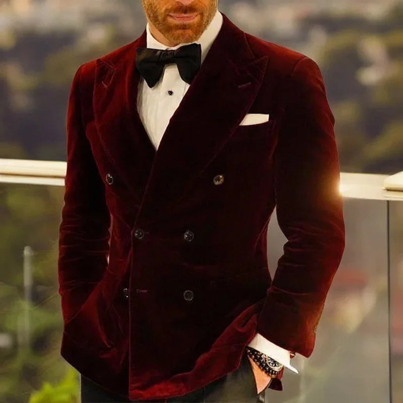 Veste de costume de mariage slim fit pour homme, 1 pièce, en velours, à double boutonnage, bordeaux 