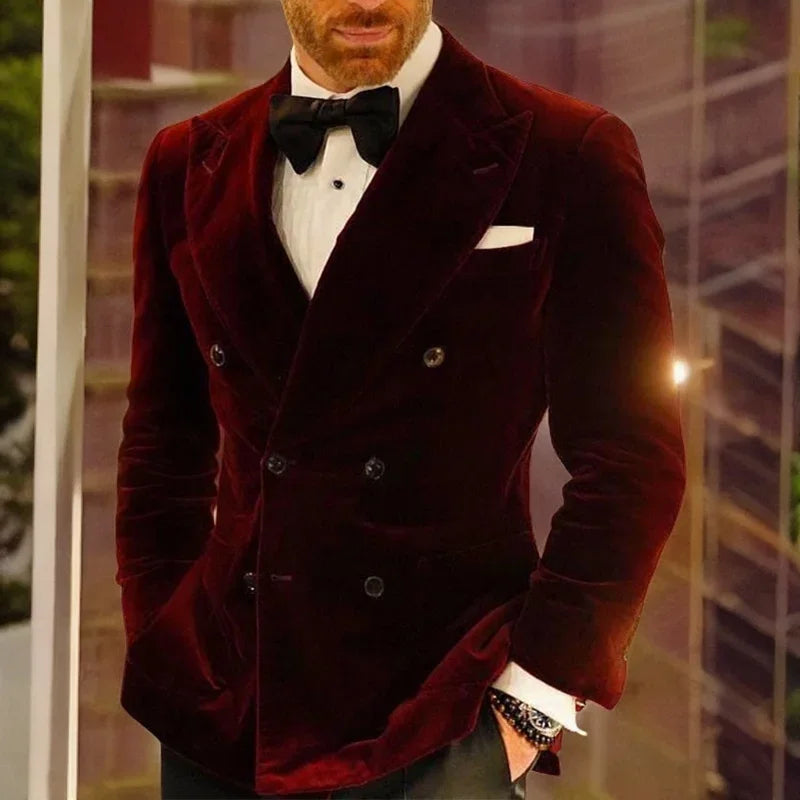 Veste de costume de mariage slim fit pour homme, 1 pièce, en velours, à double boutonnage, bordeaux 