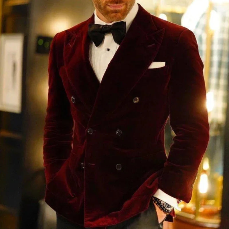 Veste de costume de mariage slim fit pour homme, 1 pièce, en velours, à double boutonnage, bordeaux 
