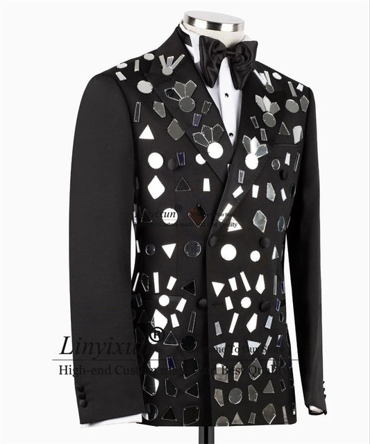 Sliver Mirror Decorated Tuxedos Men Suits Beads Groom Wedding 2 Pieces Sets Bridegroom Prom Blazers Slim Fit Costume Homme