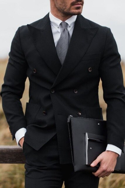 Traje informal de negocios negro cruzado para fiesta de graduación, blazer con solapa de pico, trajes formales de boda para hombres, esmoquin de novio 