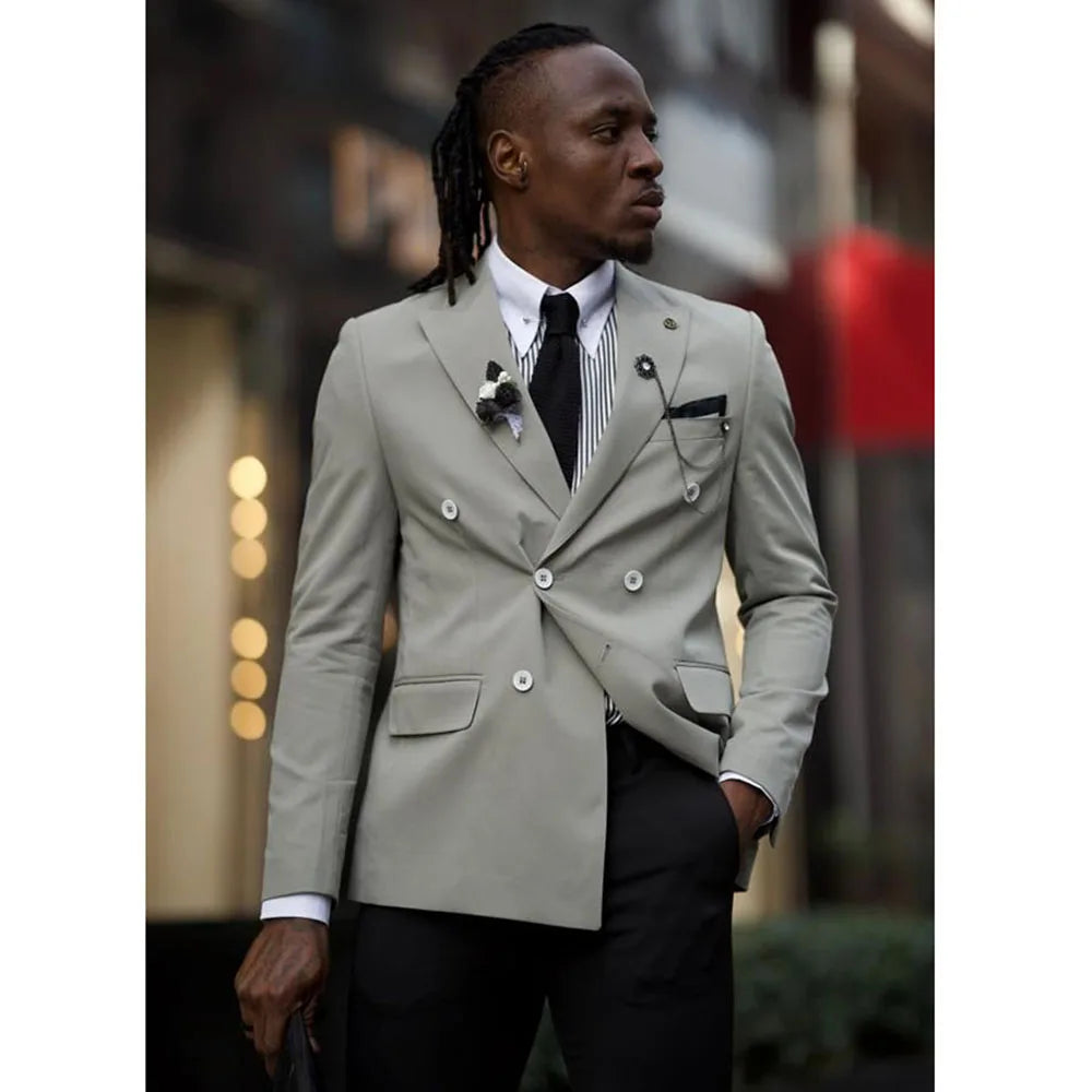 Trajes grises informales elegantes para hombre, de 2 piezas, con botonadura sencilla, chaqueta y pantalón negro, ropa masculina para uso diario, oficina, banquetes y conjuntos de blazer.