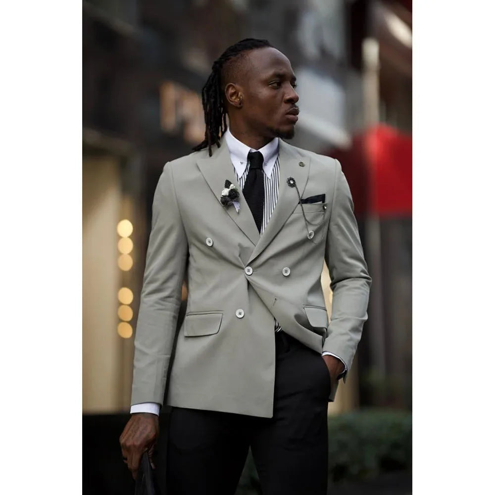Trajes grises informales elegantes para hombre, de 2 piezas, con botonadura sencilla, chaqueta y pantalón negro, ropa masculina para uso diario, oficina, banquetes y conjuntos de blazer.