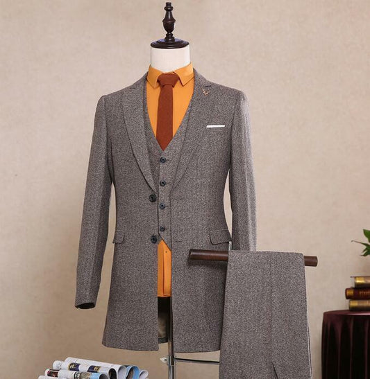 Smoking Tweed Men Wedding Suit 3 Pieces Long Jacket Groom Tuxedo men Suits Custom Made Slim Fit Groomsmen ( Jacket+Pants+Vest)