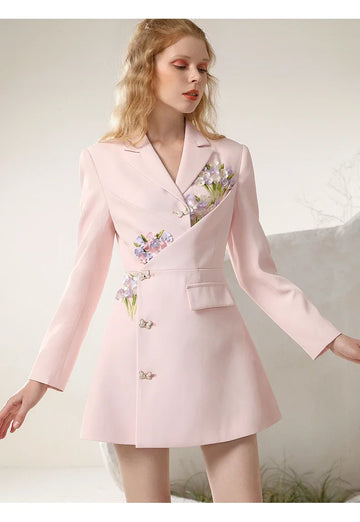 Socialite Business Temperament Suit Dress New 3D Flowers Special-Interest Commuting Irregular Sweet Pink Dress for Women