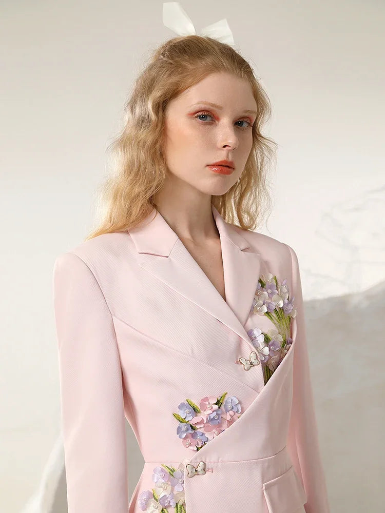 Socialite Business Temperament Suit Dress New 3D Flowers Special-Interest Commuting Irregular Sweet Pink Dress for Women