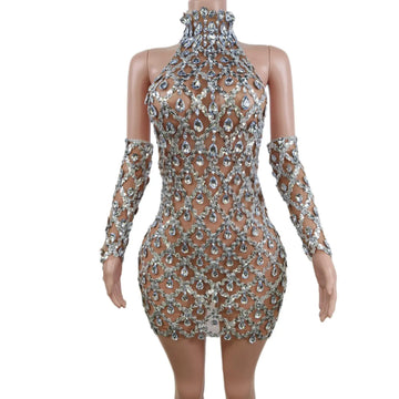 Robe de bal courte à paillettes et cristaux scintillants, en maille transparente, dos nu, sexy, pour fête d'anniversaire, costume de drag queen 