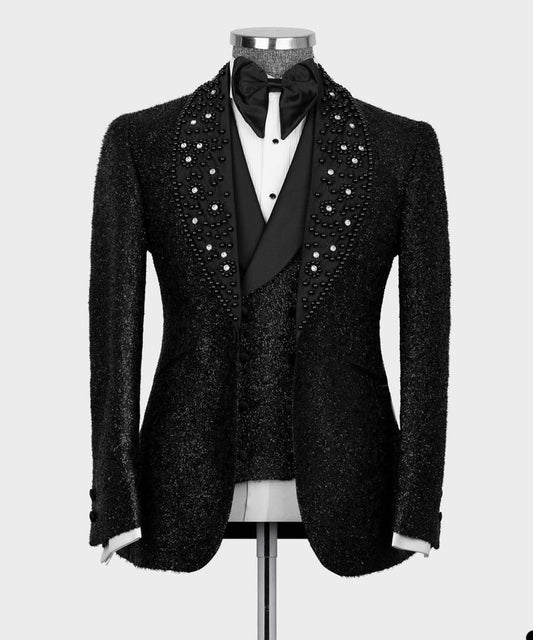 Sparkling Black Men Suit 2 Pieces Business Blazer Pants One Button Sequins Pearls Wedding Groom Work Wear Party Causal Tailored