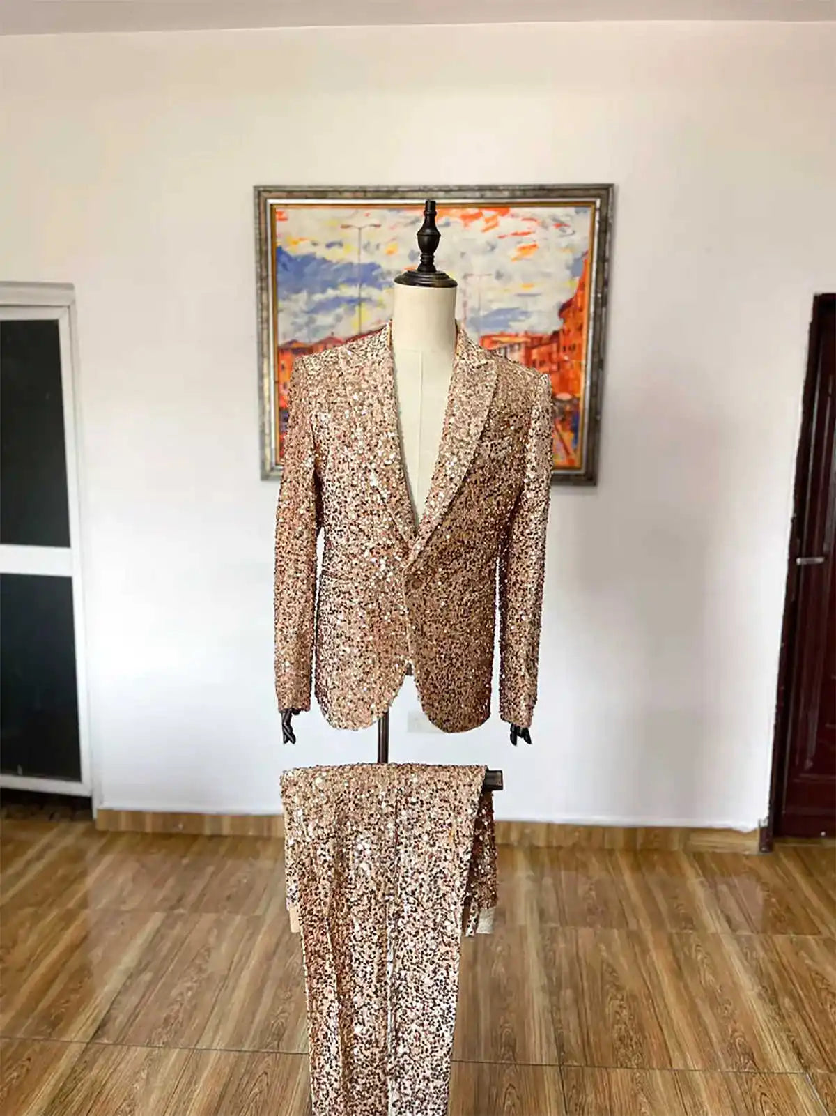 Sparkling Men's Suit 2 Pieces Blazer Pants Bow Collar Single Breasted Buckle Traveling Work Wear Wedding Prom Costume