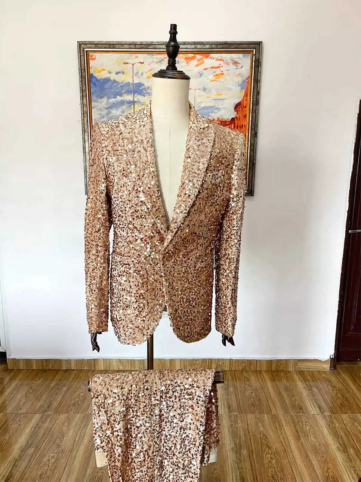 Sparkling Men's Suit 2 Pieces Blazer Pants Bow Collar Single Breasted Buckle Traveling Work Wear Wedding Prom Costume