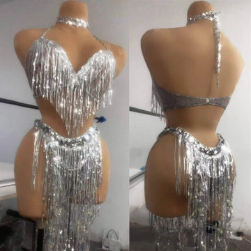 Glamorous Silver Sequin Fringe Bikini Set for Women - Eye-Catching Halter Bra and Shimmering Shorts for Nightclub, DJ and Stage Performances