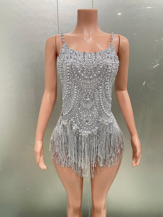Body à strass bleus scintillants et pompons pour femme, tenue de spectacle sexy, de danse, de discothèque, de chanteur ou de danseuse 