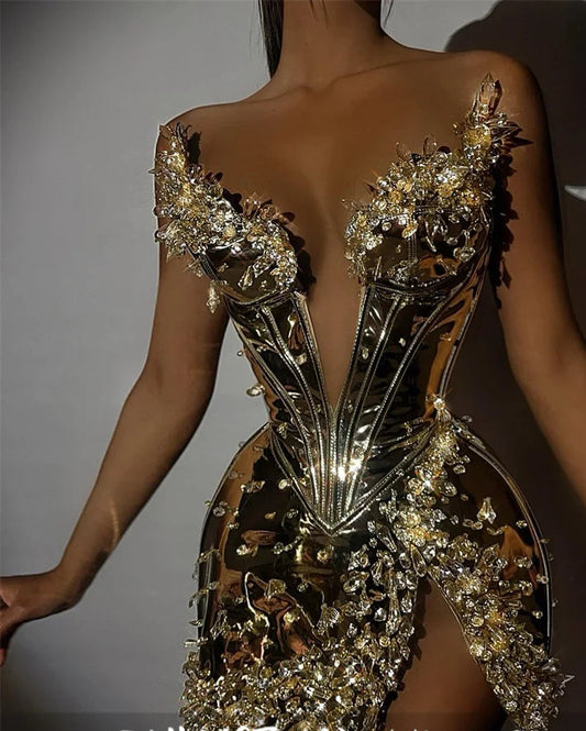 Robe de cocktail courte en cuir, ornée de diamants scintillants, avec perles et strass, pour bal de promo, anniversaire, sur mesure 