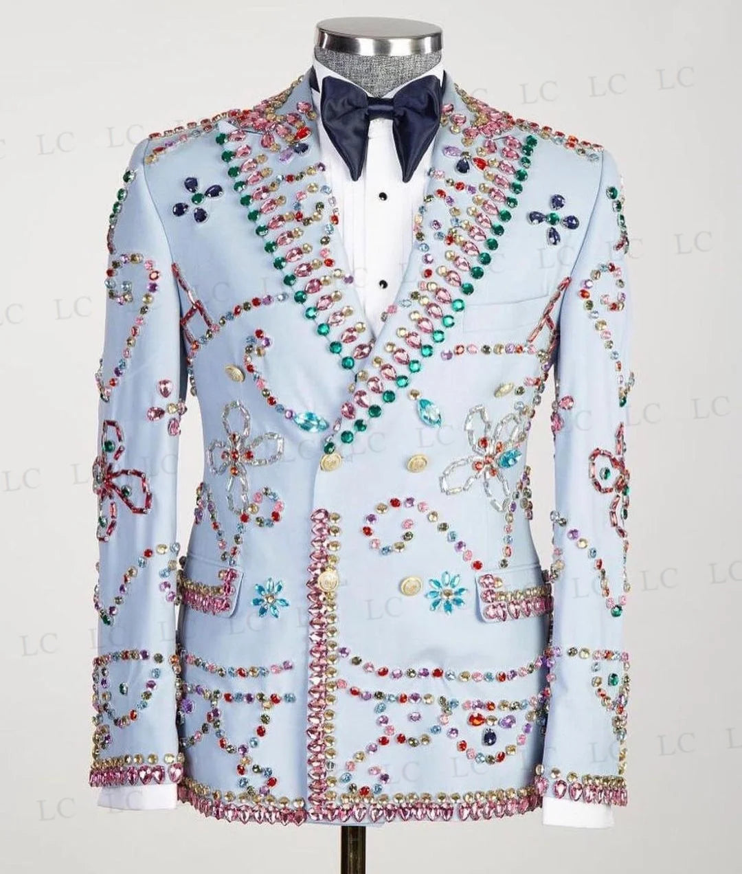 Men's Light Blue Tuxedo Jacket with Multicolor Jewel Embellishments and Bow Tie