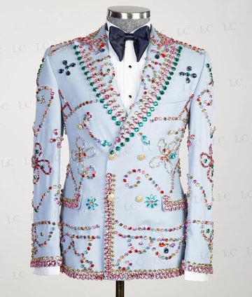 Men's Light Blue Tuxedo Jacket with Multicolor Jewel Embellishments and Bow Tie