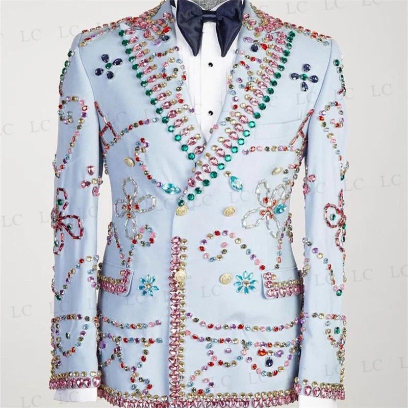 Men's Light Blue Tuxedo Jacket with Multicolor Jewel Embellishments and Bow Tie