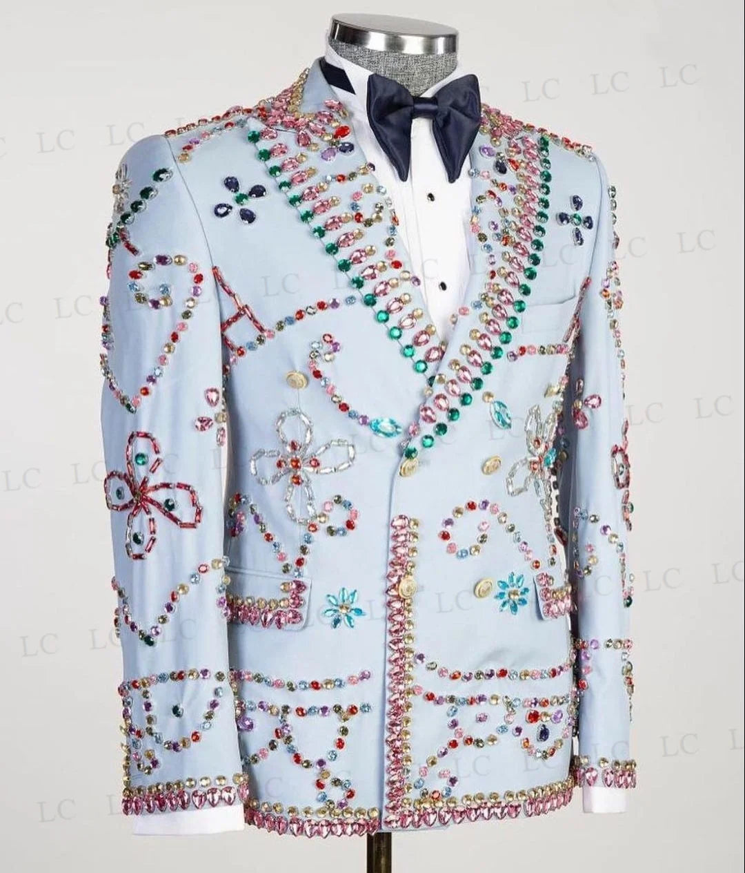 Men's Light Blue Tuxedo Jacket with Multicolor Jewel Embellishments and Bow Tie