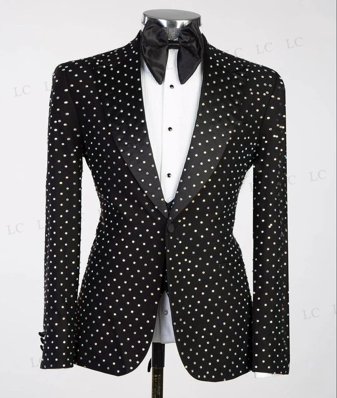 Stylish Black Sparkly 3-Piece Tuxedo Suit for Men with Beaded Crystals, Perfect for Wedding, Parties, and Special Events
